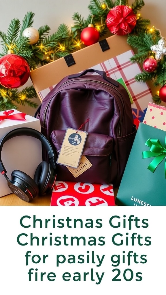 A collection of Christmas gifts for early 20s, including headphones, a backpack, and a subscription box, set in a festive environment.